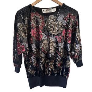 Vintage Western Connection Velvet Glitter Ranch Wear Shoulder Pads Blouse Top M